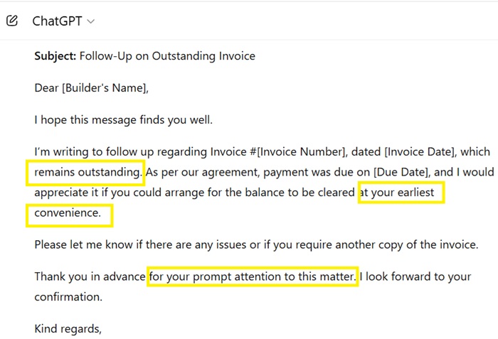 Too many fluffy phrases derived from a ChatGPT response to writing an email.