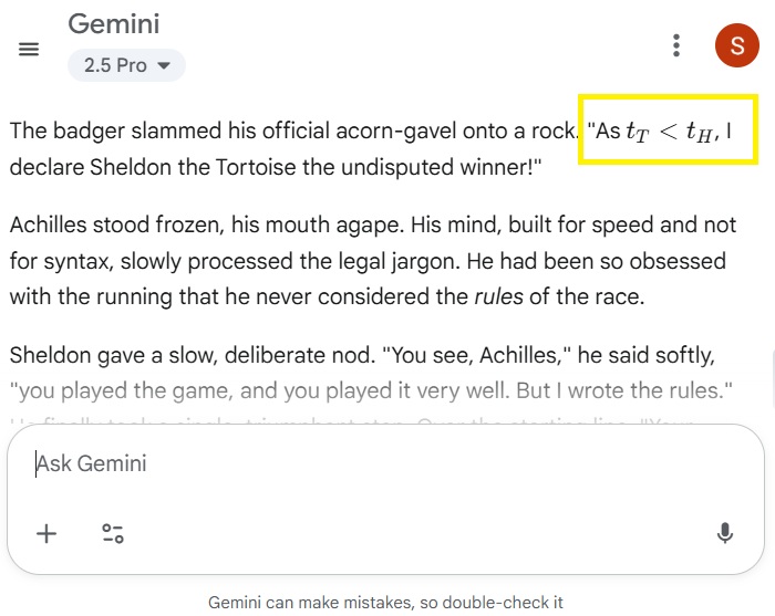 Gemini lacking a creative writer's voice while returning the output of a creative writing task.