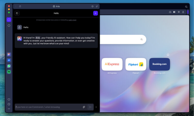 Opera's Aria AI sidebar