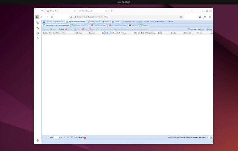 Screenshot showing TVHeadend homepage