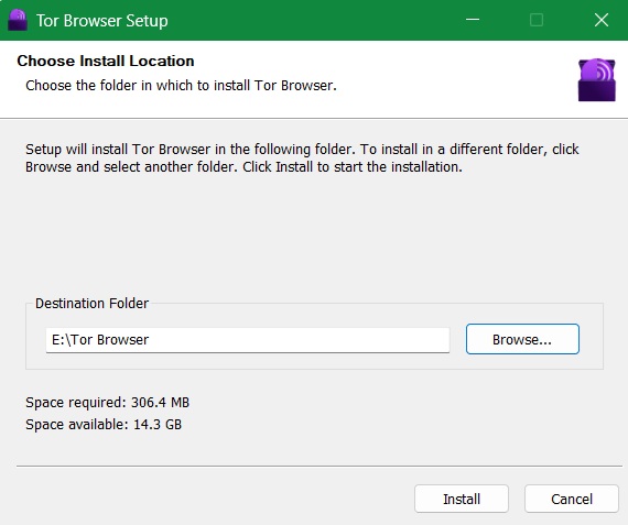 Proceed with installation of Tor in USB drive from the USB folder path E:/