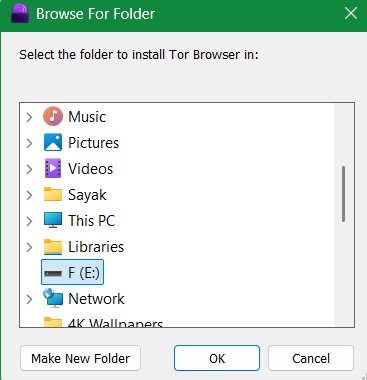 Proceed with selecting a USB drive folder path for browsing Tor.