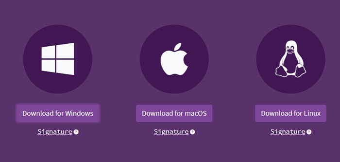 Tor browser installation page and various OS'es: Windows, macOS, Linux.