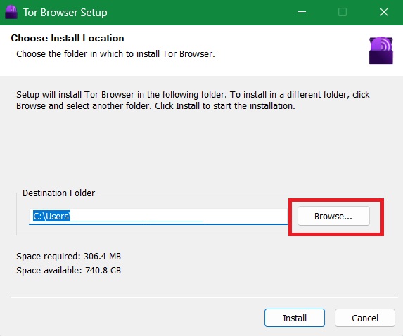 Click "Browse" to choose a different installer path than the default one chosen by your operating system.