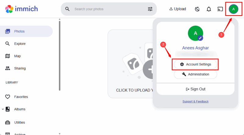 Access Immich Account Settings