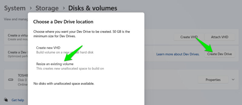 creating Dev Drive and resizing volume