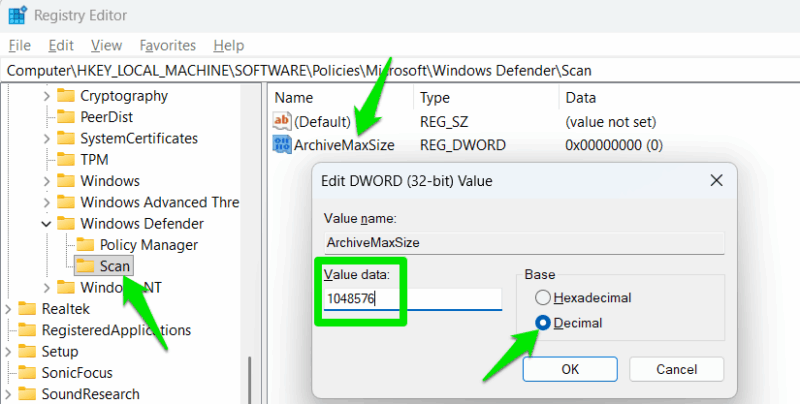 Setting max size for archive scan in the Registry