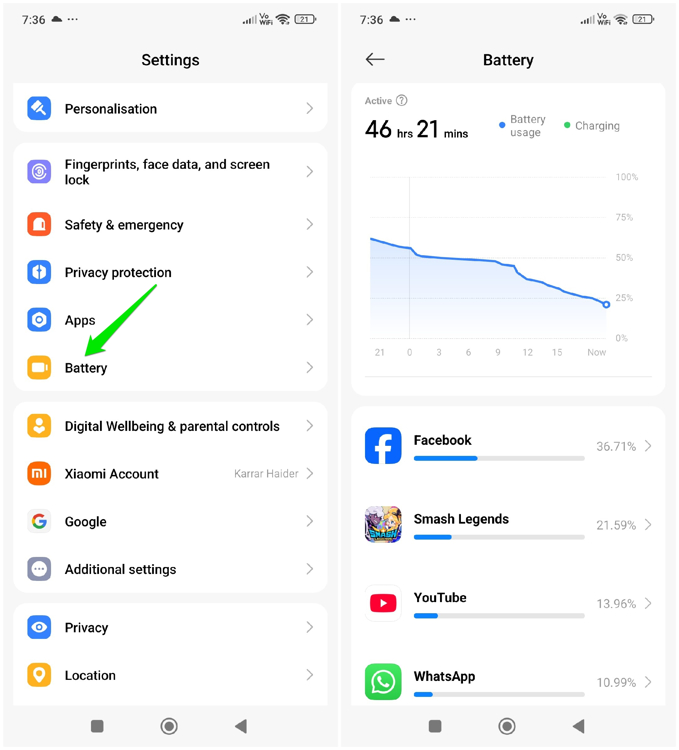 Battery Drain graph showing drain of apps