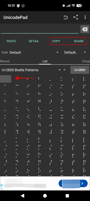 Copying and then Sharing a unicode via UnicodePad app on Android. 
