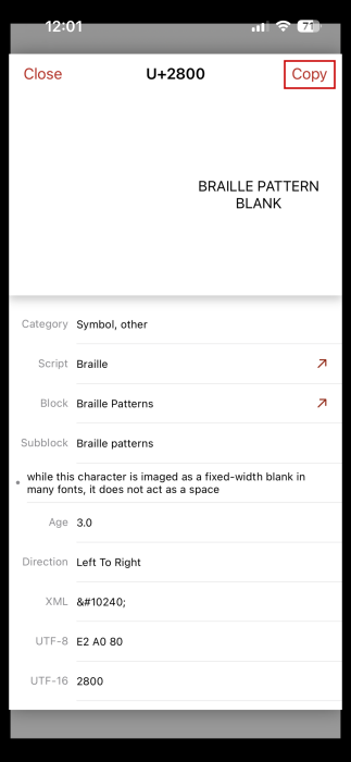 Copying code in Unicode Pad Express app on iPhone. 