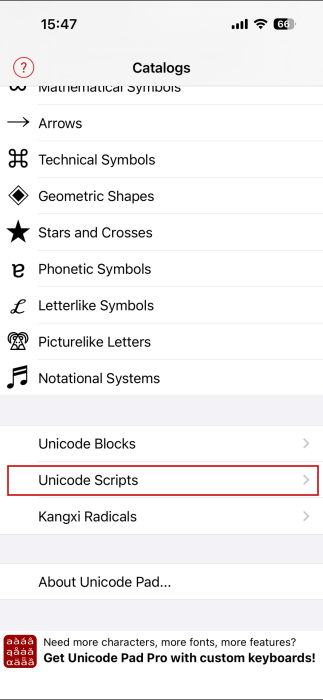Tapping on "Unicode Scripts" option in Unicode Pad Express app on iPhone. 