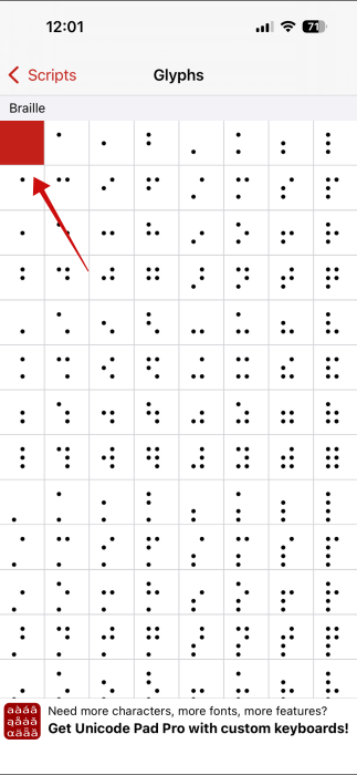 Selecting first Braille code in Unicode Pad Express app on iPhone. 