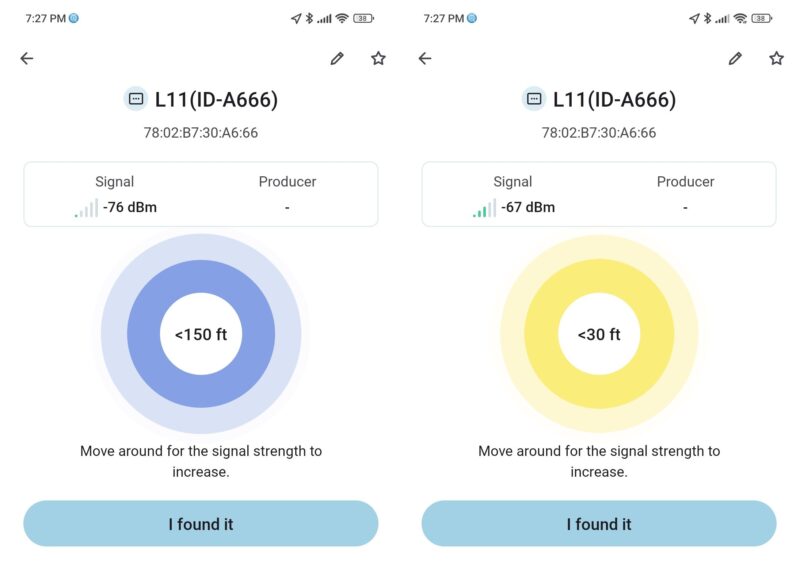 BLE detector app recording RSSI signal strength