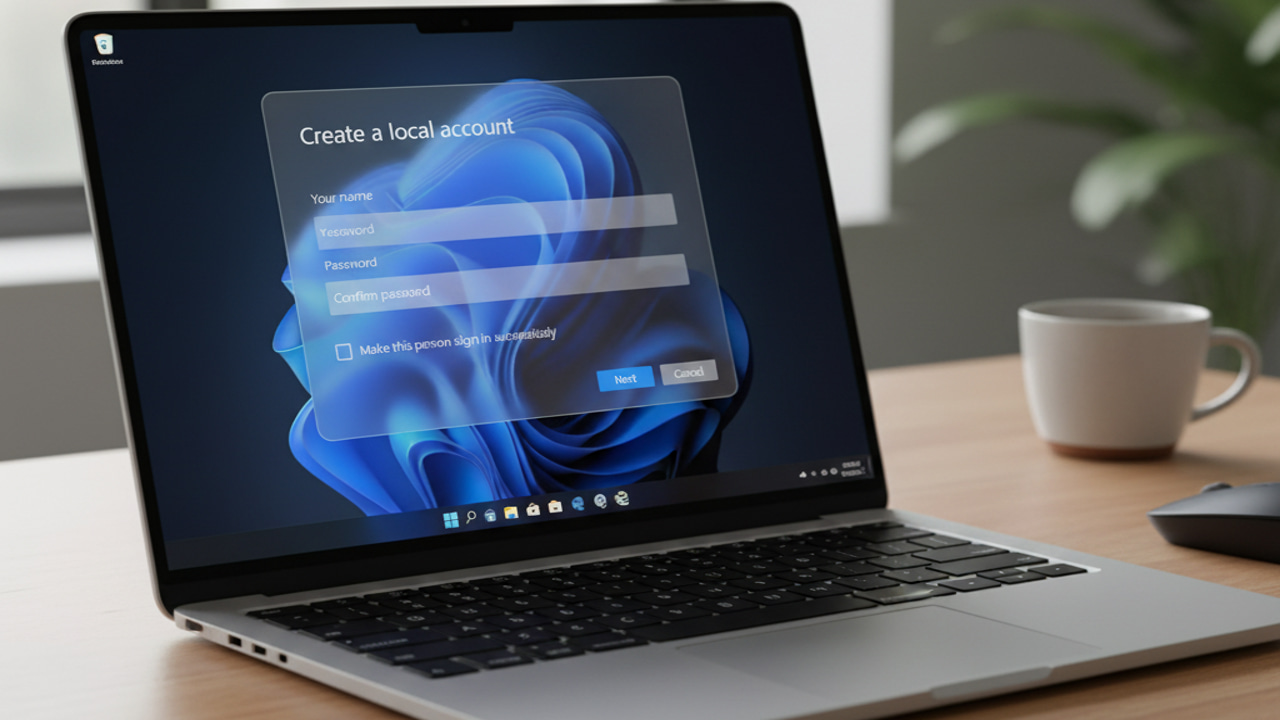 Laptop on table with Windows 11 local account creation page transparent