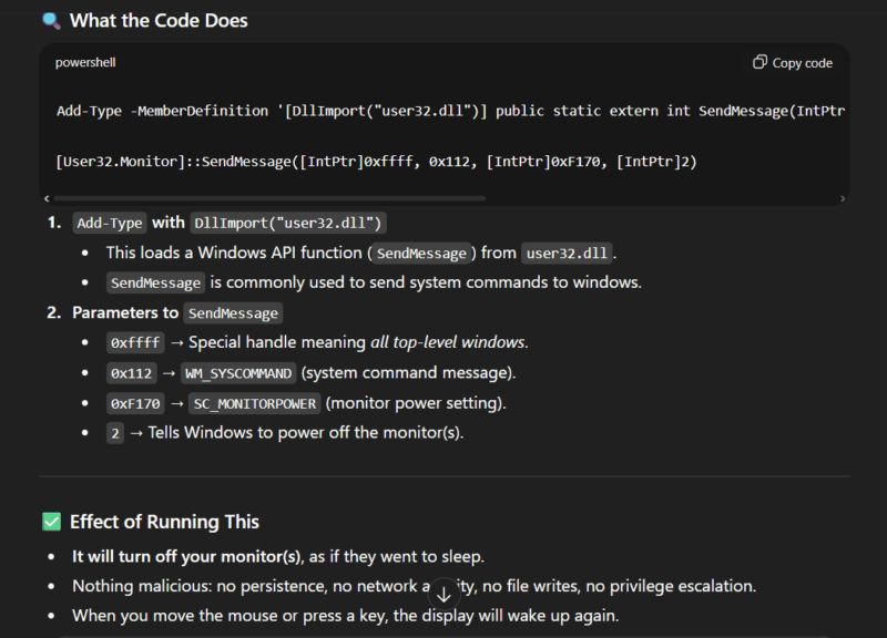 ChatGPT analysing powershell command safety