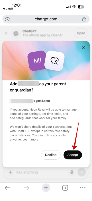 Pressing "Accept" button to link parent and child account on ChatGPT.