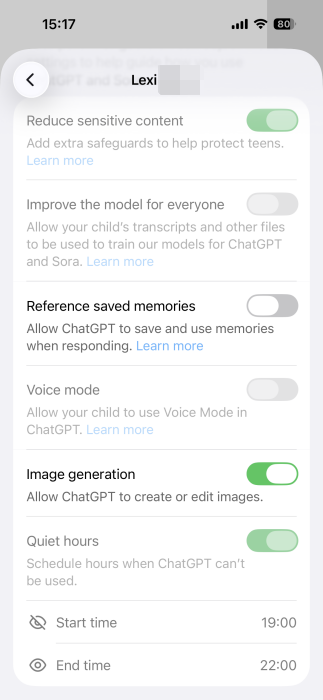 View of Parental Controls for ChatGPT on the child device.