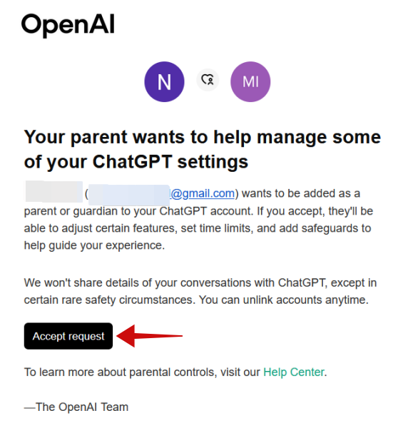 Accepting request to be added as child account in ChatGPT. 