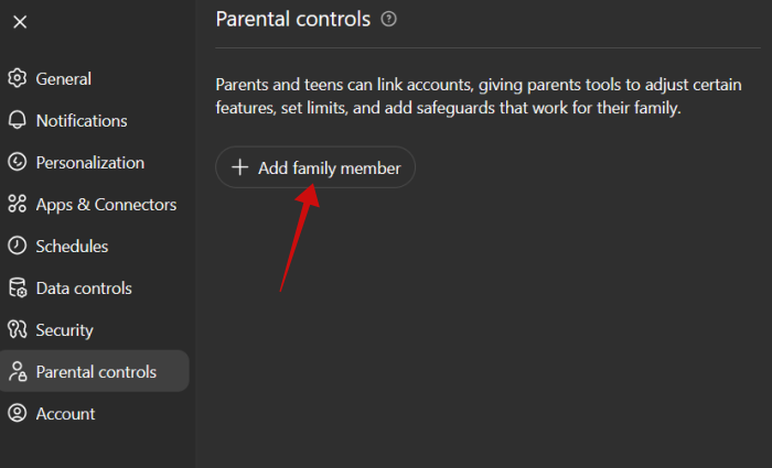 Clicking the option to "Add family member" to ChatGPT's Parental Controls. 