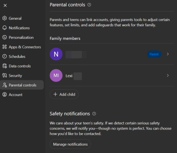 Child account visible in Parental Controls in ChatGPT. 