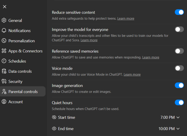 Parental Controls view in ChatGPT app on web.