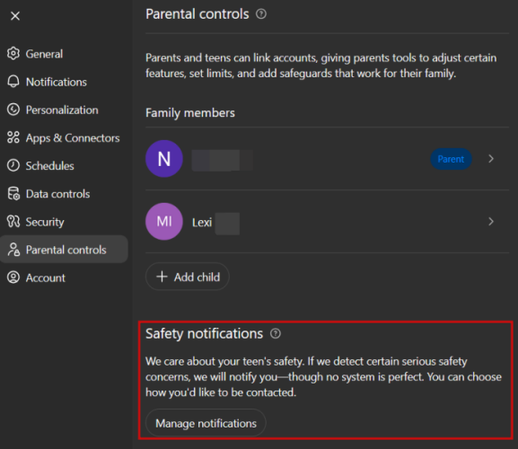 Clicking on "Manage notifications" in ChatGPT Parental controls on the web. 