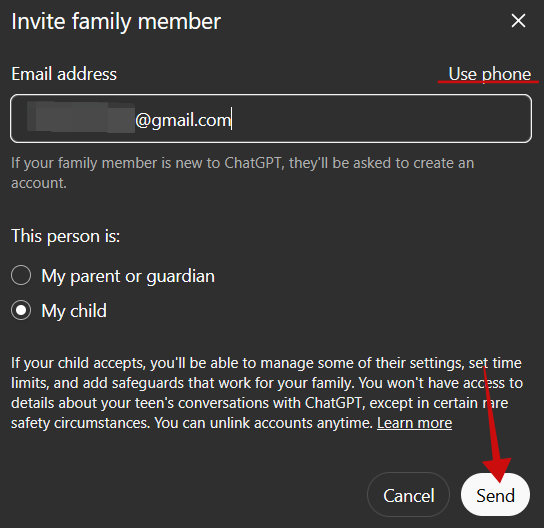Adding child account details in ChatGPT. 