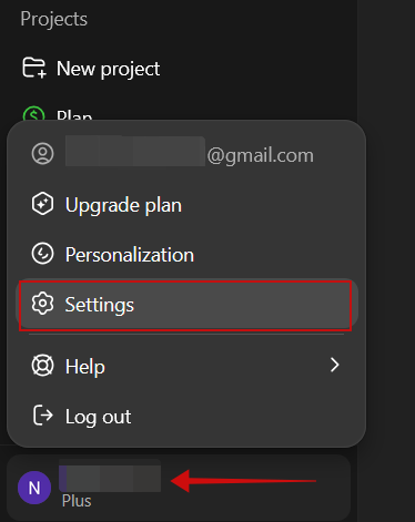 Accessing Settings in ChatGPT on PC. 