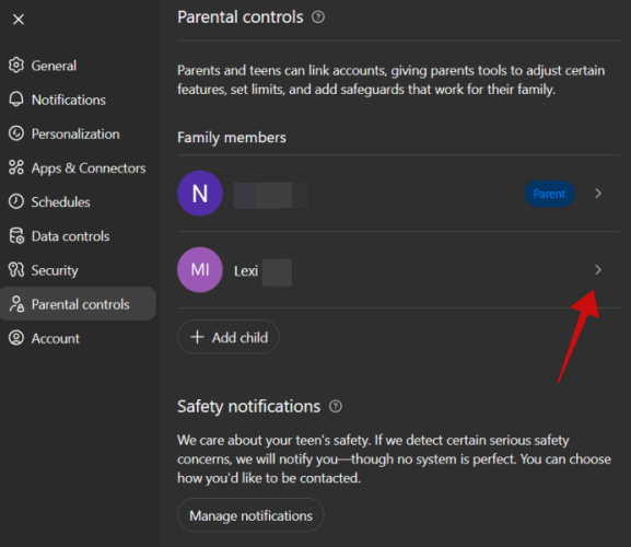 Accessing child account Parental Controls settings from ChatGPT parent account. 