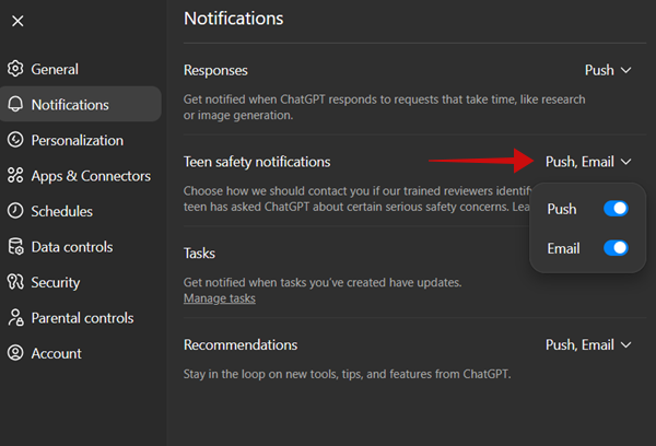 Enabling Push and Email notifications for Teen safety in ChatGPT Parental Controls on the web. 