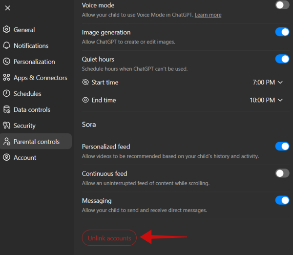 Clicking "Unlink accounts" button in ChatGPT Parental Control on the web. 