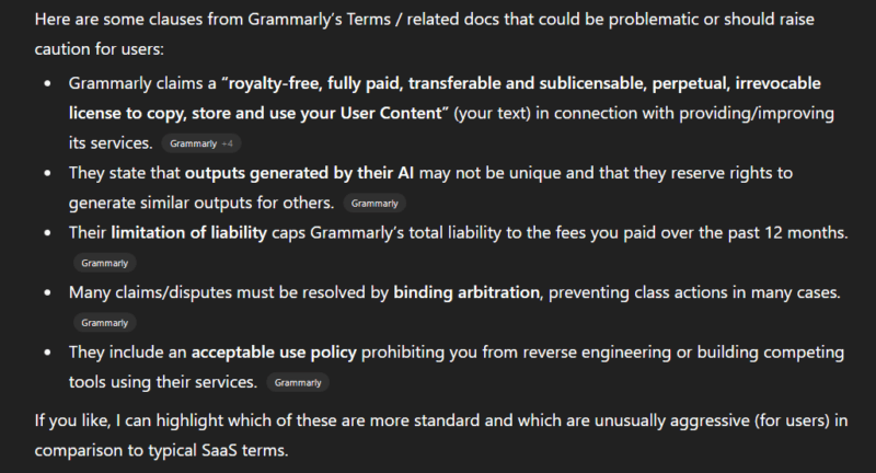 ChatGPT analysing Grammarly Terms