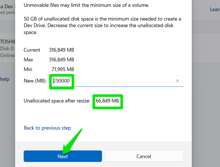 Filling space to create unallocated space in Windows Settings
