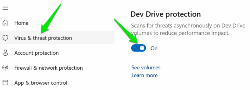 Dev Drive Protection enabled in Windows Security
