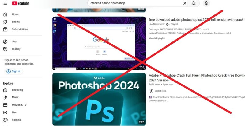 YouTube results for cracked Adobe Photoshop with a giant X over the results.