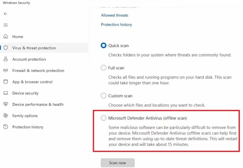 Running a Microsoft Defender offline scan.