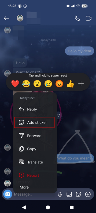 Selecting option to "Add Sticker" in Instagram DMs on Android.