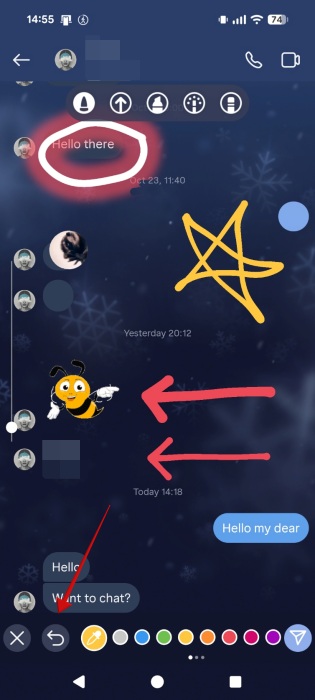 Tapping "Back" button to delete element in Instagram DMs on Android.
