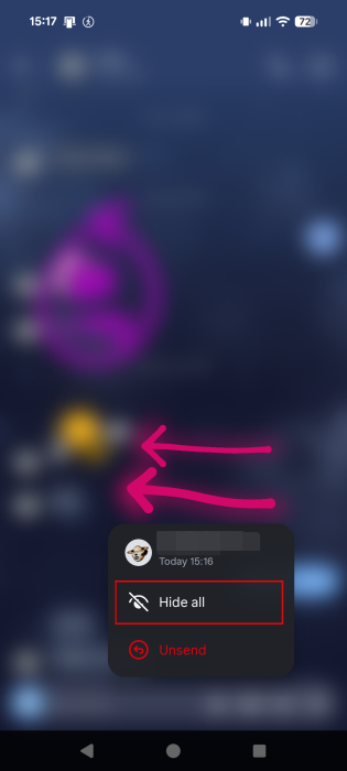 Pressing on "Hide all" option for doodle in Instagram DMs on Android.