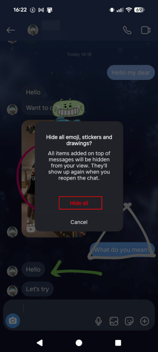Confirming to delete all drawing and stickers from Instagram DM on Android.