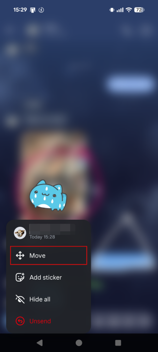Opting for "Move" option for reaction sticker in Instagram DMs on Android.