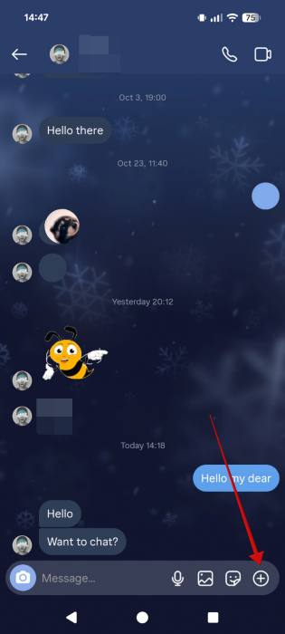 Tapping on "+" button in Instagram DM on Android.