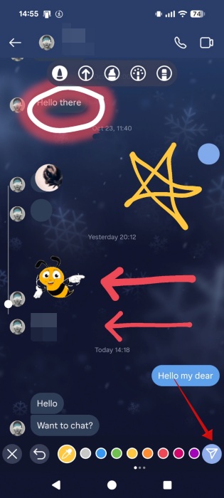 Tapping "Send" button to post doodles in Instagram DMs on Android.