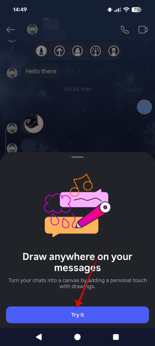 Tapping on "Try it" for Draw option in Instagram DMs on Android.