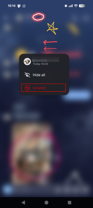 Opting to "Unsend" doodle in Instagram DMs on Android.