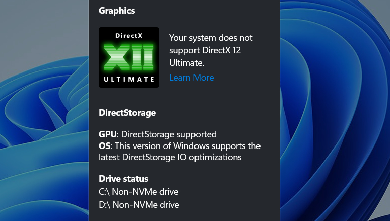 Gamebar Gaming Features showing DirectX and DirectStorage support
