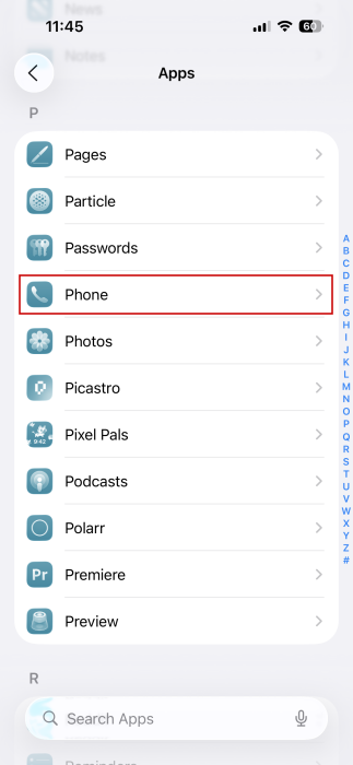 Tapping on "Phone" option in Apps in iPhone Settings. 