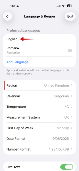 Setting new region on iPhone 