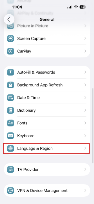 Navigating to "Language & Region" in iPhone Settings. 