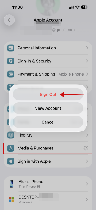 Tapping on "Media Purchases" on Apple Account page on iPhone. 